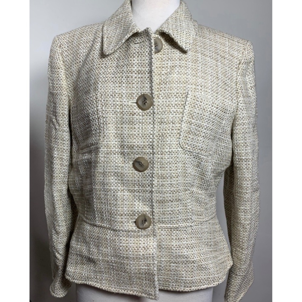 Tahari Petite Womens Cream Textured‎ Wool Blend Blazer Jacket Size 4P Workwear
